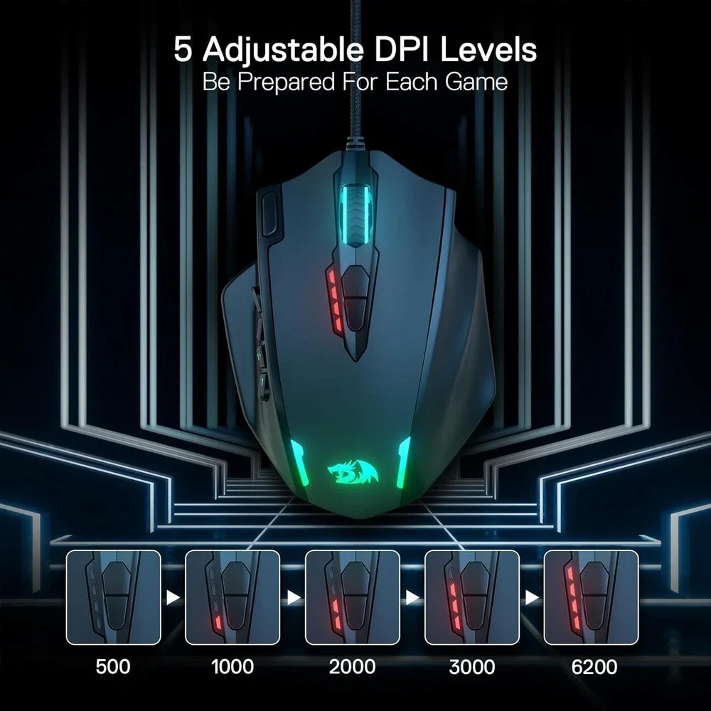 Redragon M908 RGB Wired MMO Gaming Mouse 12400DPI 12-Button Macro‎ USB PC